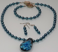 Blue Blown Glass Pendant w/Blue Hematite and Crystals Necklace, Bracelet & Earrings